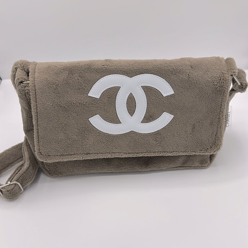 New Authentic Chanel Precision tan neutral Novelty Terry Cloth Messenger bag
